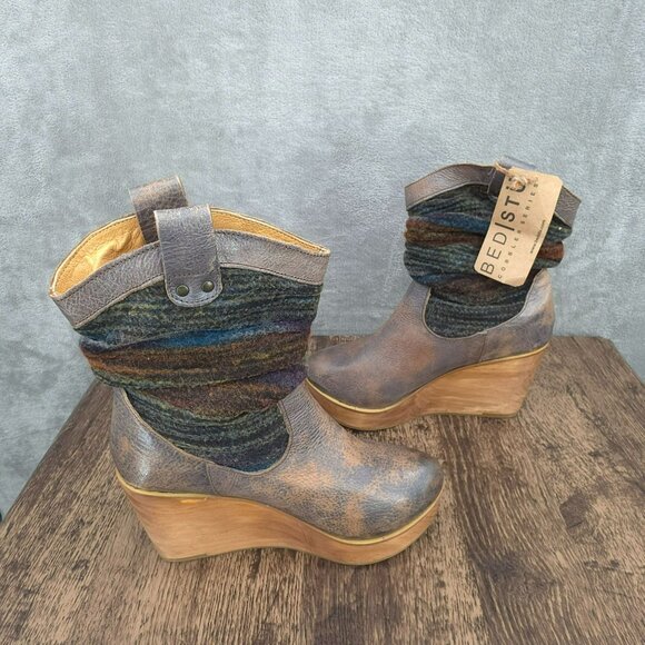 BedStu Bruges Platform Wedge Boots 8.5 Blue Red Multi Slouch Fabric Leather Wood - Picture 11 of 13